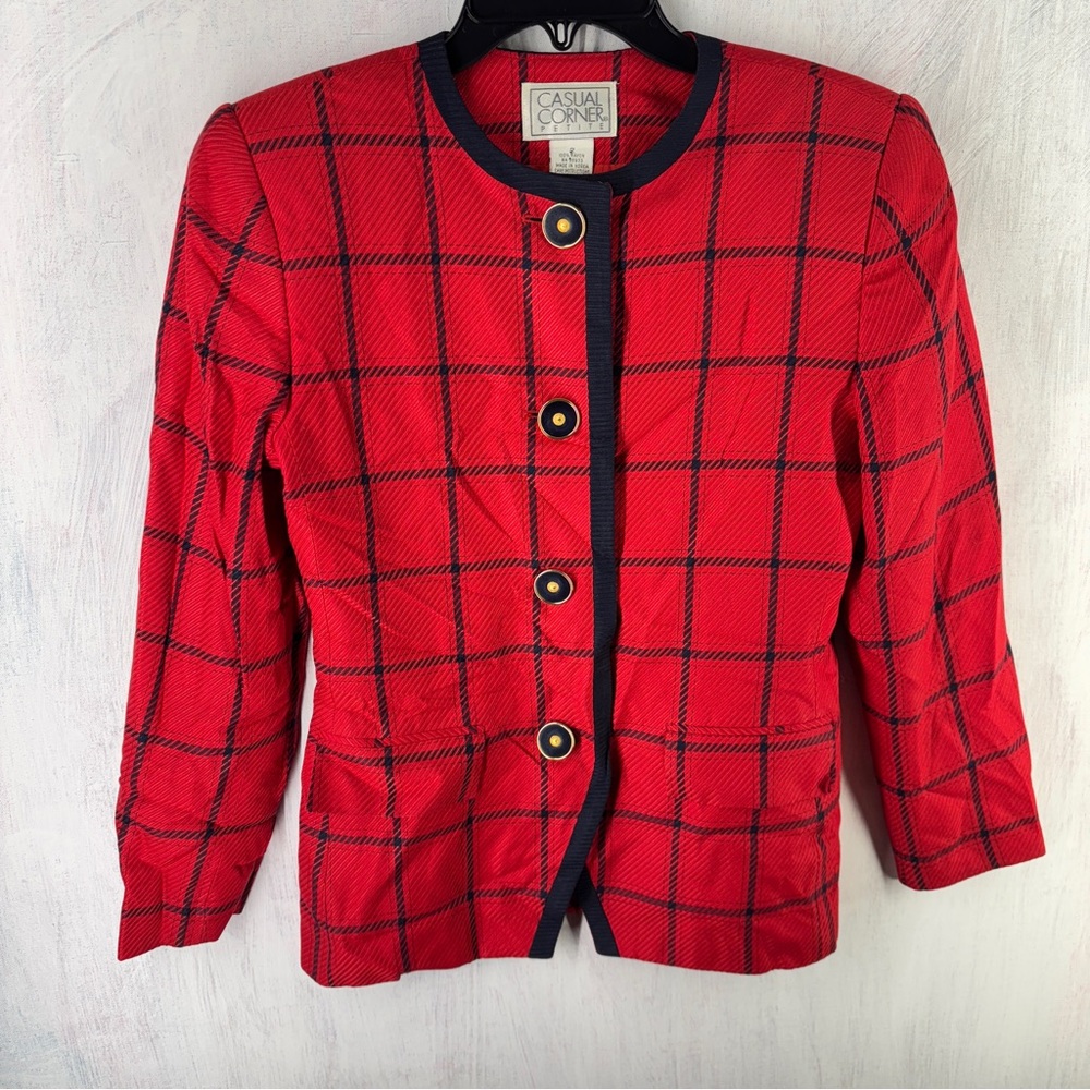 Casual Corner Petite Sz 2P Plaid Blazer red buttons lined collarless Y2K vtg